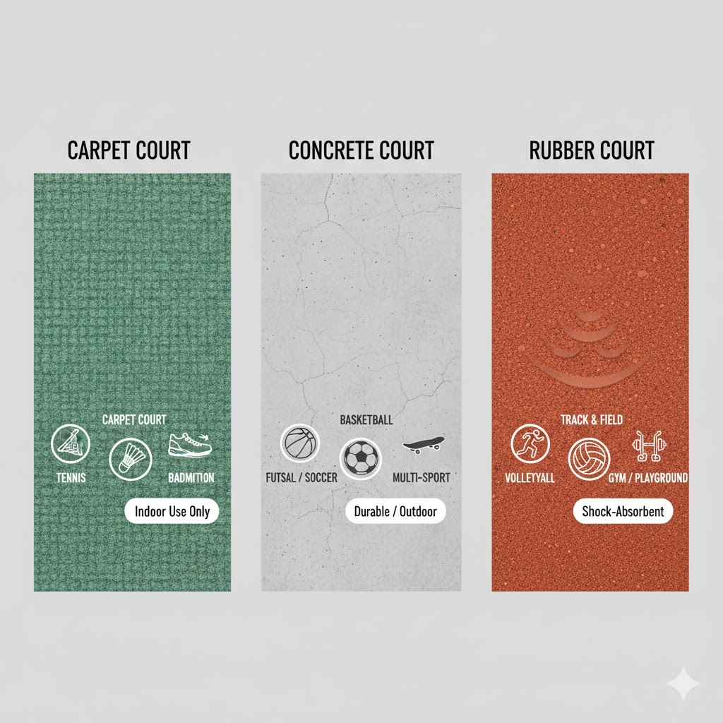 So sánh các loại mặt sân thể thao: Thảm, Bê tông, Cao su